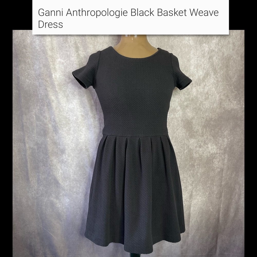 Anthropologie Ganni Black Basket Weave Embossed Fit & Flare Dress Size Medium